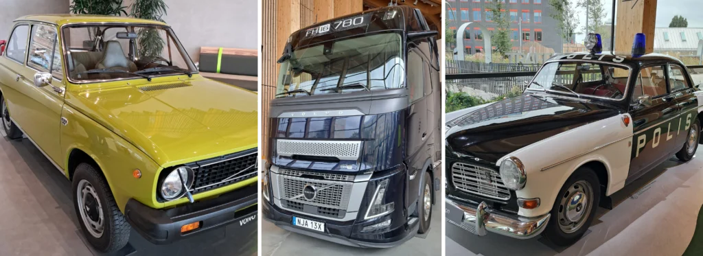 Voitures et camion exposés au musée World of Volvo à Göteborg en Suède